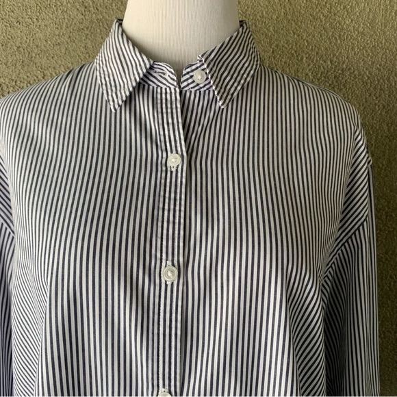 “Gloria Vanderbilt” Navy & White Railroad Stripe Cotton Button-down Shirt size L - Picture 4 of 13